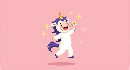 cheerful child in a unicorn costume joyfully holds a lollipop.