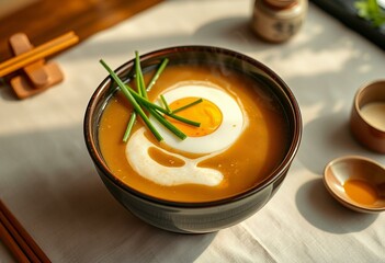 Steaming hot Miso Soup in a traditional Japanese ceramic bowl