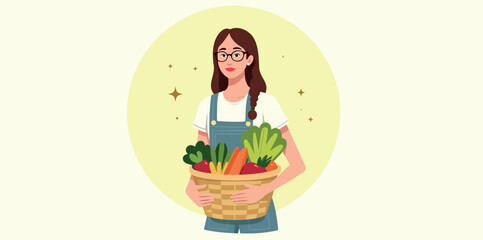 smiling woman holding a basket of fresh vegetables
