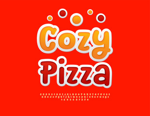 Vector Promo poster Cozy Pizza. Decorative Handwritten Font. Cute sticker style Alphabet Letters and Numbers set.