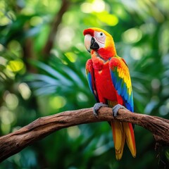 Obraz premium Vibrant Scarlet Macaw Perched on Tree Branch in Tropical Environment