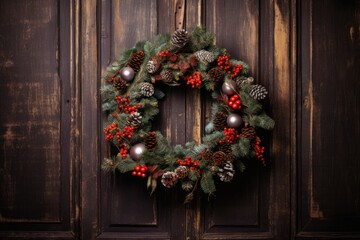 A traditional Christmas wreath adorned with pinecones and berries hangs on a rustic wooden door, celebrating the warmth and joy of the holiday season