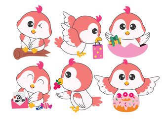 Birds birthday character clipart drawing set. Cute bird icon clip art collection with bday party invitation card, donut, paper bag and cherry in happy and funny smile vector illustration.
