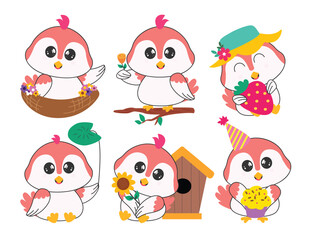 Birds character clipart drawing set. Cute bird cartoon character clip art with drawing elements like nest, tree branch, birdhouse and flowers outline collection vector illustration.
