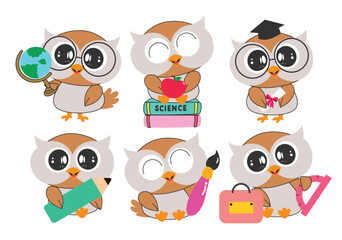 Owl school character clipart drawing set. Cute, clever and smart owl icon character clip art collection with educational elements like globe, books, pencil, brush and lunch bag vector illustration.
