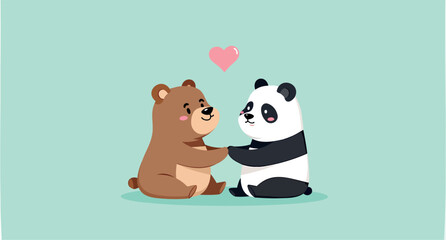 adorable bear and panda holding hands symbolizing friendship and love