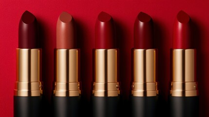 Obraz premium Aesthetic Arrangement of Matte and Glossy Lipsticks on Red Background
