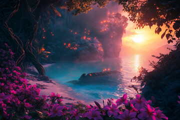 Depicts Serene Tropical Beach Scene Sunset. Lush Vegetation, Vibrant Purple Flowers, Calm Ocean Meet Dramatic Rock Formation Glowing Lights, Creating Magical Atmosphere. Partially Submerged Structure