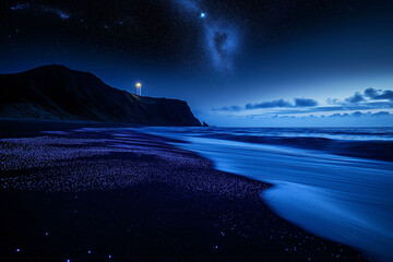 Lone Lighthouse Stands Atop Dark Cliff Overlooking Serene Ocean Night. Beach Below Is Illuminated Bioluminescent Organisms, Creating Magical Contrast Against Sand Starry Sky.