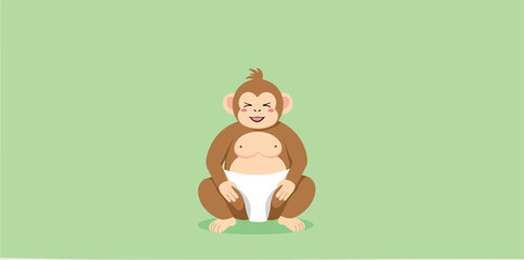 cheerful baby monkey in a diaper sits and smiles.