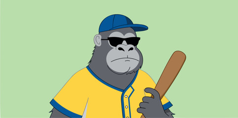 cool gorilla cartoon character wearing sunglasses and a baseball cap holds a bat