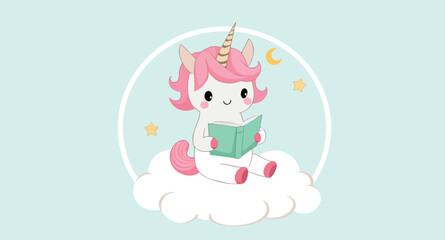 adorable pink-haired unicorn reading a book on a cloud