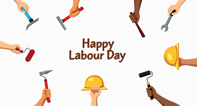 diverse hands holding assorted tools celebrate labor day