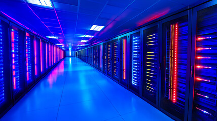 modern data center corridor illuminated with vibrant blue and purple lights, showcasing rows of server racks. atmosphere is high tech and