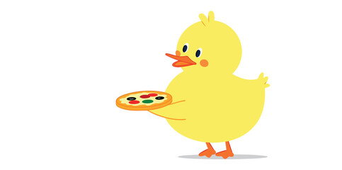 cheerful yellow duckling holds a mini pizza
