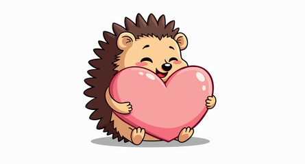 smiling hedgehog cheerfully embracing a large pink heart