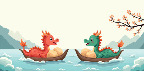 two cheerful cartoon dragons sail across a calm lake in their boats