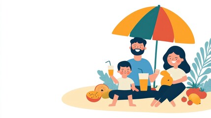 Joyful Family Enjoying a Fun Beach Picnic Under Colorful Umbrella with Refreshing Beverages