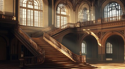 Obraz premium 50.A weathered copper staircase ascending inside the historic train station, with ornate railings and soft natural light filtering through arched windows.