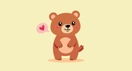 Fototapeta premium cute brown cartoon bear expresses love with a heart-shaped speech bubble.