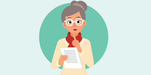 pensive senior woman reviews a document thoughtfully considering its contents.