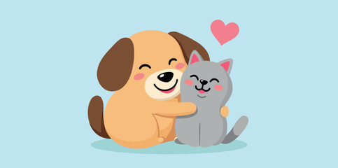 playful golden dog and sweet gray cat embracing in a tender hug