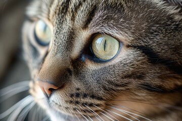 Close-up portrait of a beautiful gray striped cat with striking green eyes, showcasing its delicate features and serene expression in a cozy indoor setting during the afternoon light
