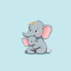 mother elephant tenderly embracing her baby elephant.