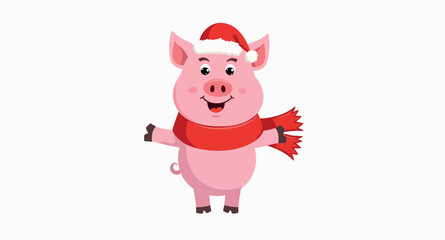 cheerful pink pig wearing a santa hat and red scarf