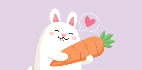 adorable white rabbit affectionately holding a large carrot
