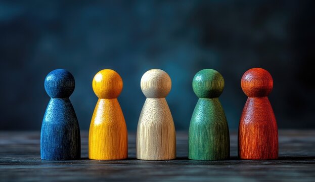 Diverse group of colorful wooden figurines.  A  representation of cultural diversity and inclusion.  Variety of  people standing side by side.  Emphasizing unity and togetherness