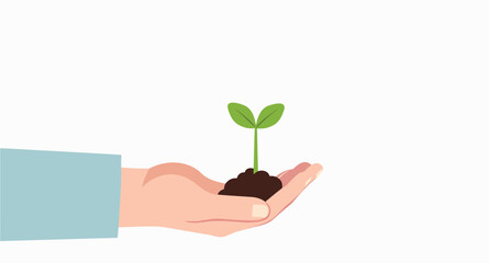 hand gently holding a small green sprout emerging from the soil