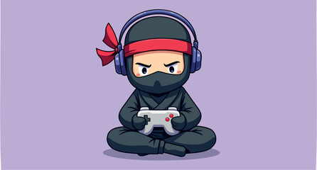 focused cartoon ninja gamer with headphones and controller