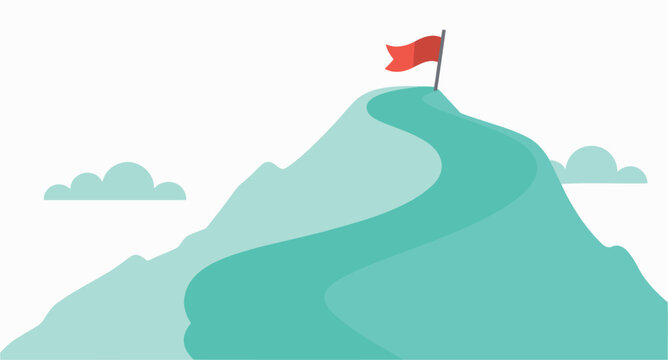 red flag on a winding path to the top of a teal mountain