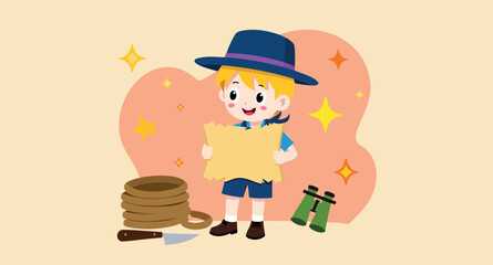 cheerful cartoon boy holds a treasure map embarking on an exciting adventure.