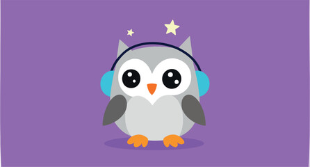 adorable cartoon owl listening to music with headphones