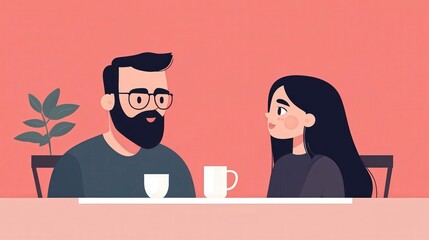 Fototapeta premium Father and Grown Daughter Enjoying Coffee Together in A Cozy, Colorful Environment