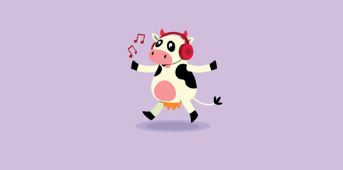 playful dancing cow with red headphones