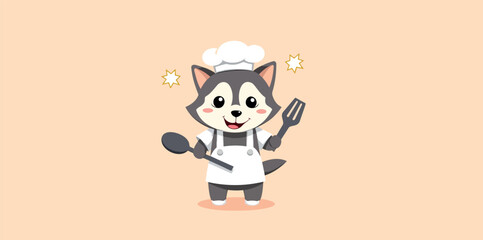 cheerful husky dog in a chef's uniform holds cooking utensils