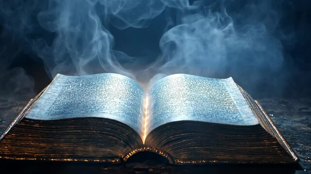 Ancient book emits mystical glow and smoke on a dark surface creating an enchanting atmosphere