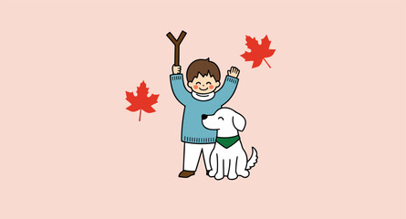 happy boy and his dog enjoying autumn day