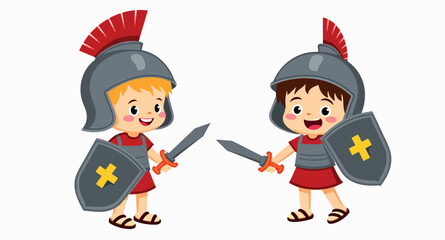 two smiling boys dressed as roman soldiers playfully holding shields and swords