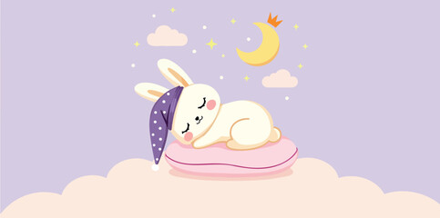 adorable bunny sleeping on a cloud under a night sky