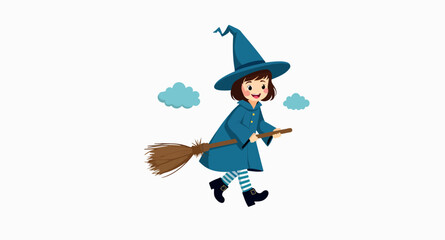 cheerful young witch in a blue costume flies on a broomstick
