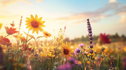 Blurred wildflowers swaying gently in sunlit meadow, Colorful flower meadow with bokeh lights in summer, creating a perfect summer nature background for decor and greeting card.