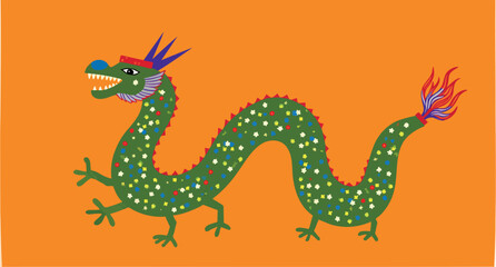 whimsical green dragon with colorful speckles and fiery tail