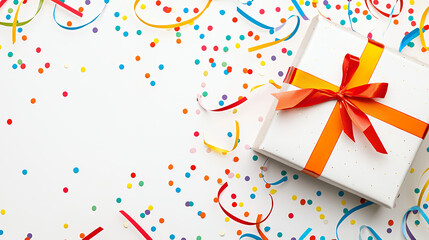 Obraz premium beautifully wrapped gift box with vibrant orange ribbon sits amidst colorful confetti and streamers, creating festive atmosphere