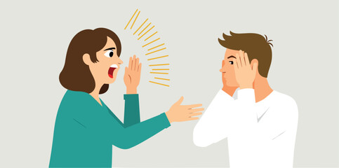 woman energetically speaks to a man covering his ears