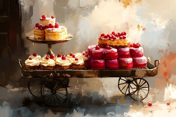 Delightful dessert cart brimming with colorful pastries and cakes in a charming cafe setting