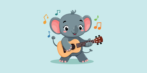 cheerful cartoon elephant happily playing a ukulele